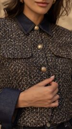 Veste courte en tweed choco pour femme – automne hiver