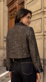 Veste courte en tweed choco pour femme – automne hiver