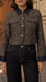 Veste courte en tweed choco pour femme – automne hiver