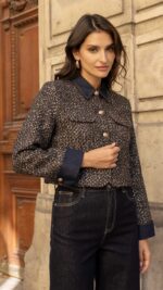 Veste courte en tweed choco pour femme – automne hiver
