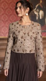 Veste courte tweed sequins marron choco pour femme – automne hiver