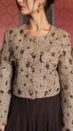 Veste courte tweed sequins marron choco pour femme – automne hiver