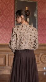 Veste courte tweed sequins marron choco pour femme – automne hiver